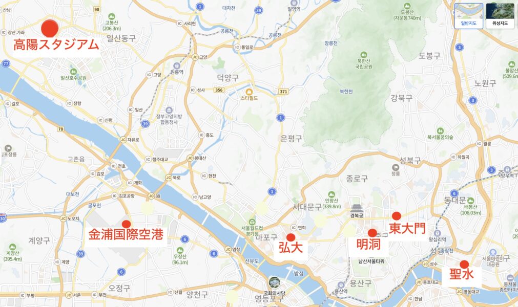 高陽スタジアムの位置を示した地図（ライブ参戦おすすめホテルガイド用）