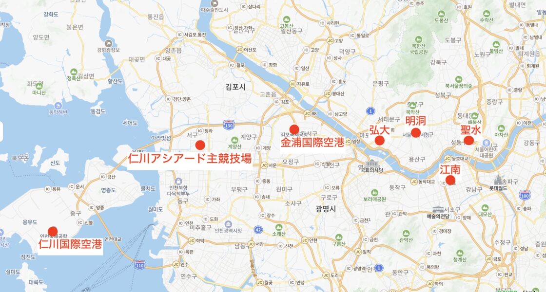 仁川アシアード主競技場の位置を示した地図(ライブ参戦おすすめホテルガイド用)