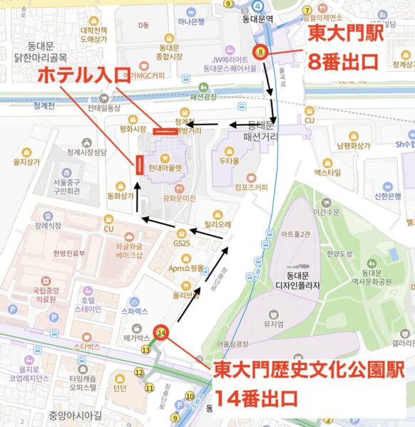 東大門駅、東大門歴史文化公園駅、ホテルスカイパークキングスタウン東大門の位置関係がわかる地図画像